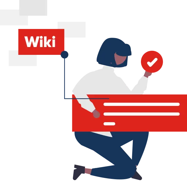Illustration einer Person mit Checkliste und Häkchen-Symbol neben dem Schriftzug ‚Wiki‘, symbolisch für Inventur-Wissen.