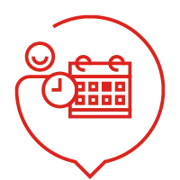Rotes Icon mit Kalender, Uhr und Personensymbol für optimierte Einsatzplanung
