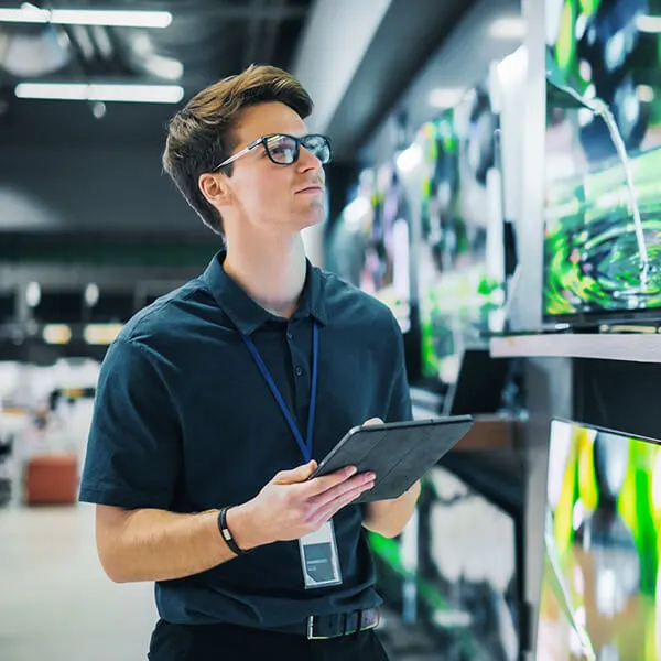 Mann im Elektronikgeschäft prüft mit einem Tablet den Warenbestand im Rahmen einer permanenten Inventur.