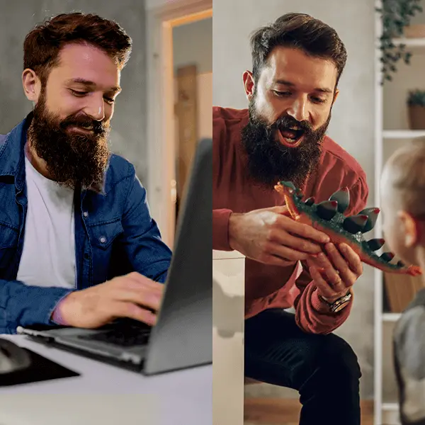 Mann arbeitet am Laptop und spielt anschließend mit Kind – Symbol für Vereinbarkeit von Beruf und Familie sowie moderne Work-Life-Balance.