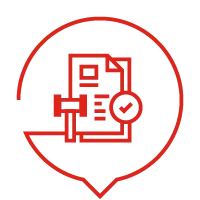 Rotes Icon mit Dokument und Prüfstempel für rechtssichere Bestandesaufnahme