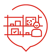 Rotes Icon mit Regalen und Kontrollsymbol für Durchführung der Bestandesaufnahme vor Ort