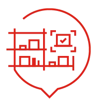 Rotes Icon mit Regal und Kontrollhaken für Korrekturen bei der Bestandesaufnahme