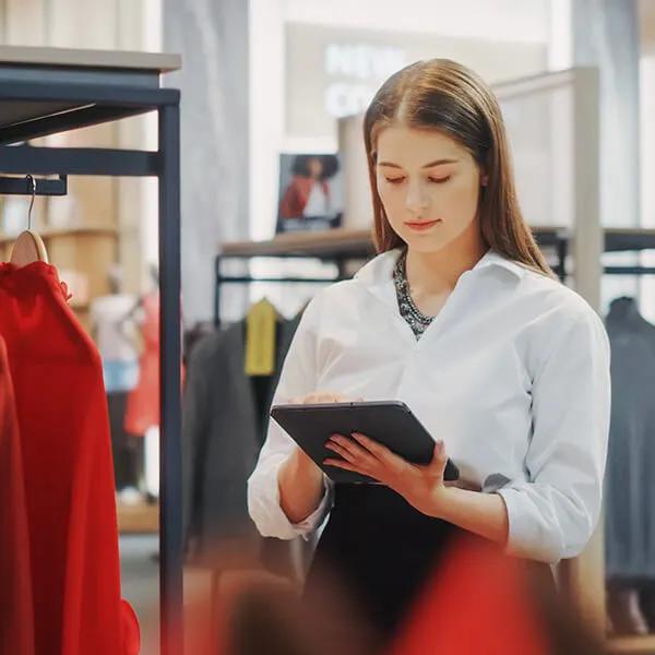 Frau führt im Bekleidungsgeschäft mit einem Tablet eine permanente Inventur durch